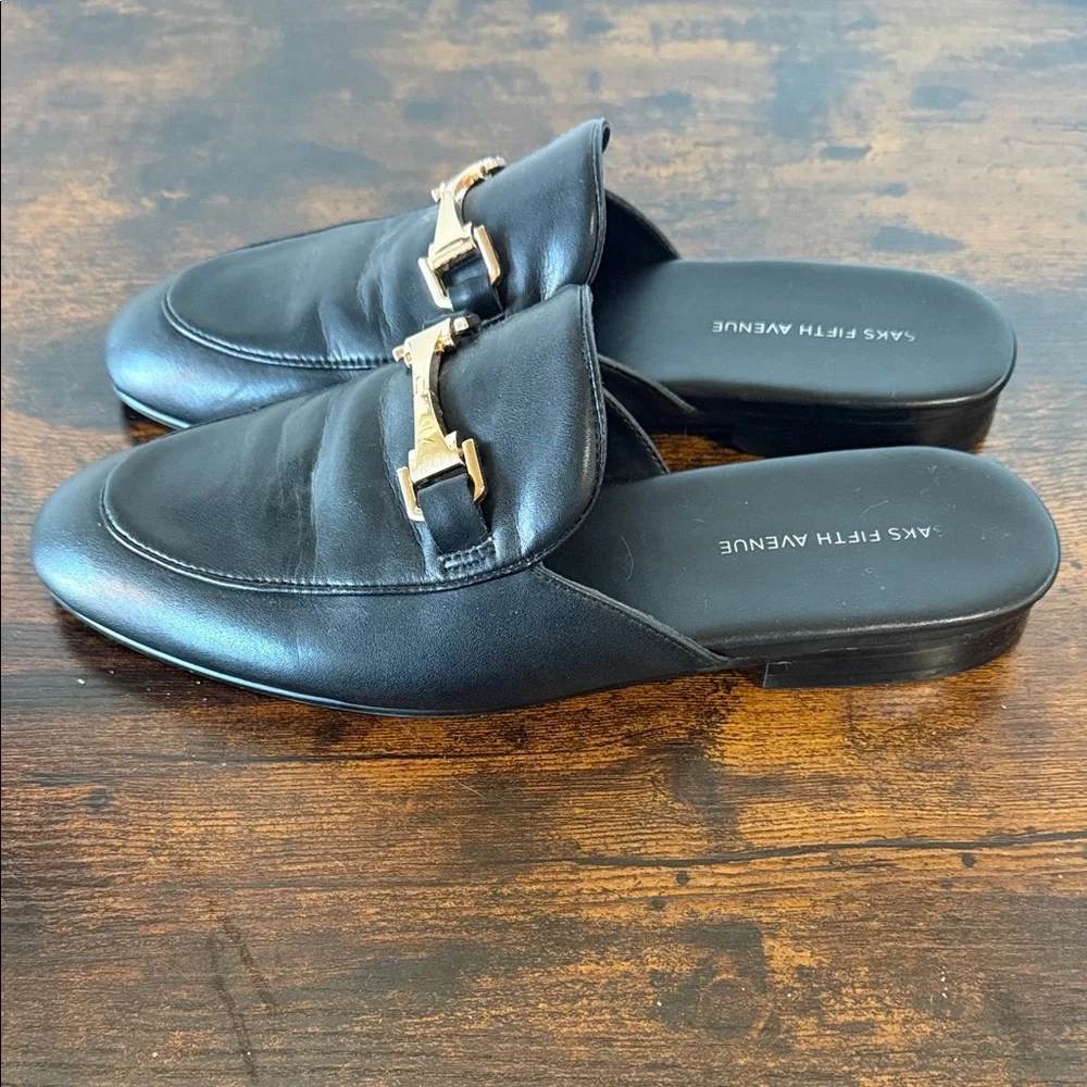 Saks Fifth Avenue Black Leather Slip-On Loafers with Gold Tone Bit - Picture 2 of 6
